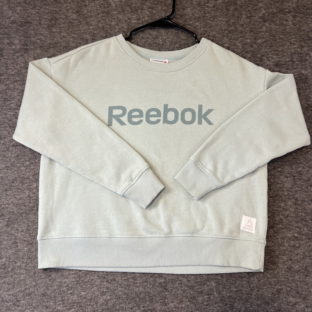 Reebok Crew Neck Sweatshirt Womens XL Green Fleece Long Sleeve Print Spellout‎